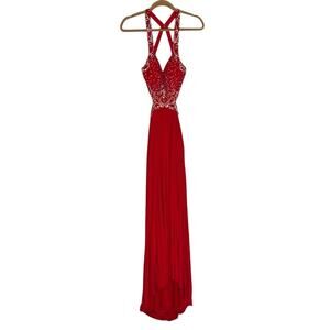 Jaaz Couture Red Rhinestone Sequin Long Train Cutout Open Back Formal Dress 10